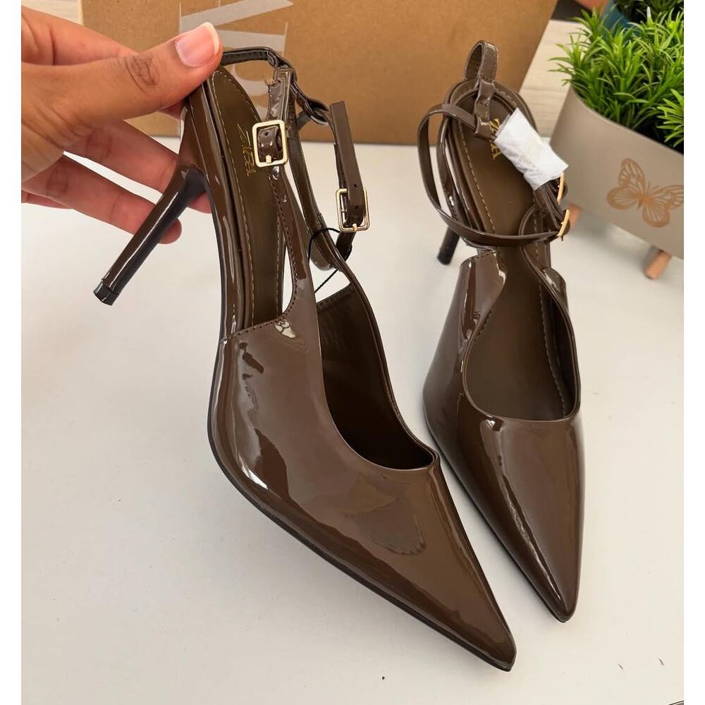 Zara Khaki Patent Slingback Stiletto Heels Pointed Toe NWT - Picture 11 of 16